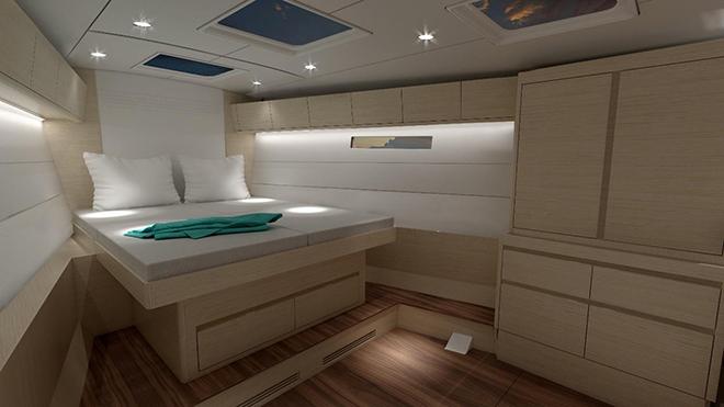 Xp 55 Owners's cabin showing new berth design with large drawers. The berth can also be lifted for extra storage. © X-Yachts